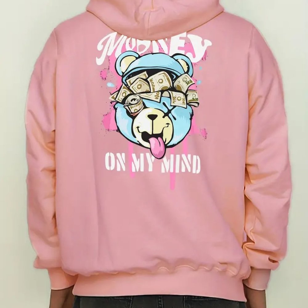 {NEW} Men's Pink Cartoon Bear Money Back Print Hoodie L